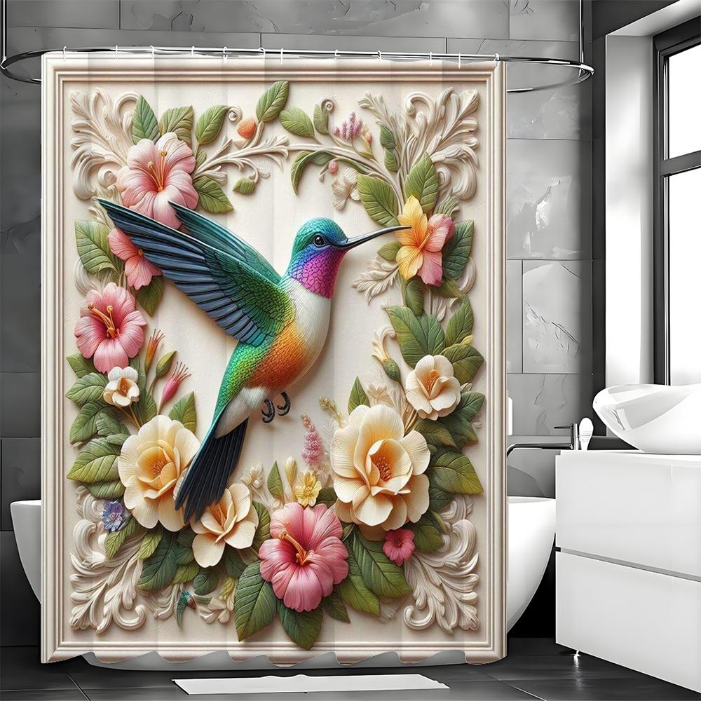 Tenda da Doccia Floreale Botanica con Colibrì Primaverile, Tenda da Doccia Decorativa per Bagno, Tenda da Doccia Impermeabile con Ganci