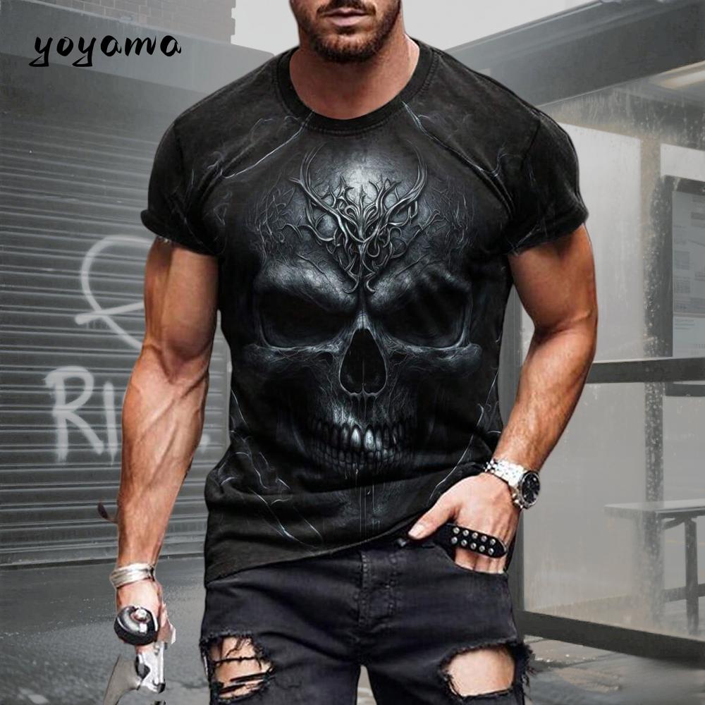 Men's T-shirt with skull pattern 3D print. Summer retro casual sports short-sleeved adult quick-drying and breathable clothing.
