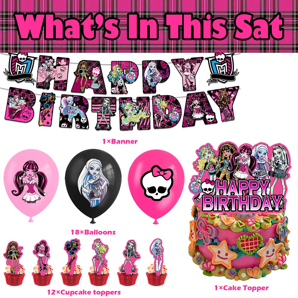 32 stuks Monster High feestartikelen inclusief een banner, taarttoppers, ballonnen