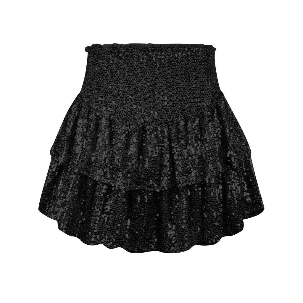Women's Fashion Solid Color Pleated  Midi Skirt With Sequins Sexy Short Skirt