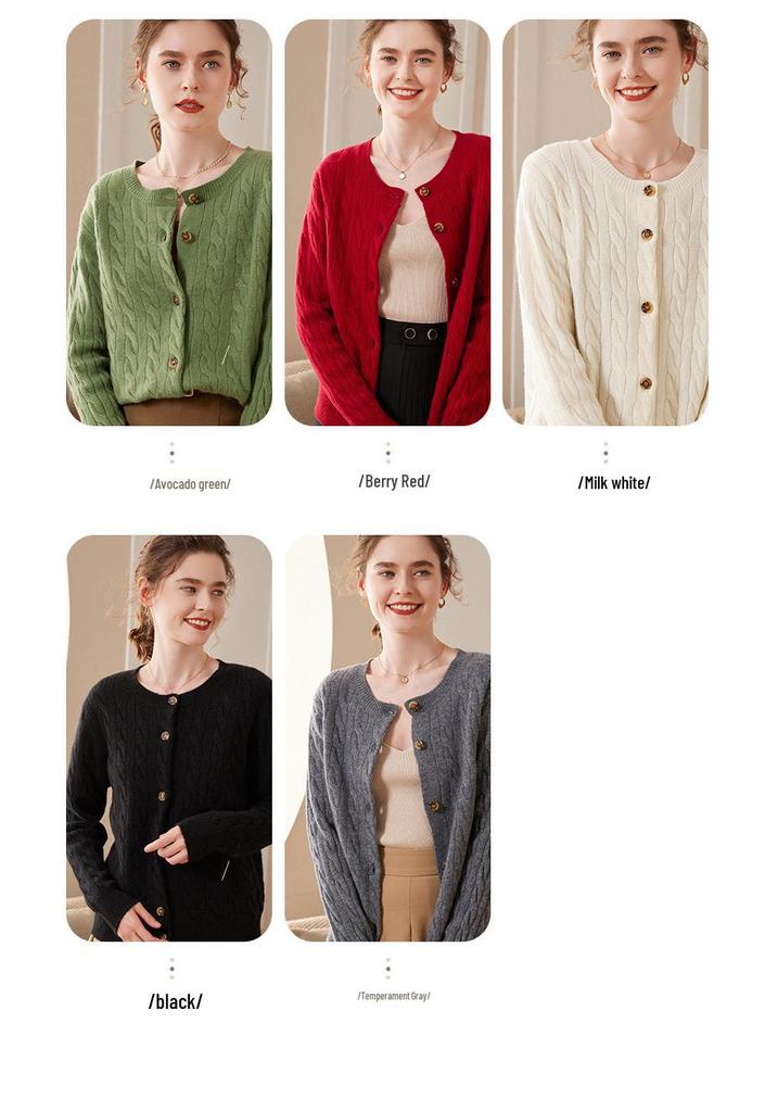 2023 A/W Women's Cashmere Cable Knit Cardigan: Versatile Round Neck Fashion Sweater