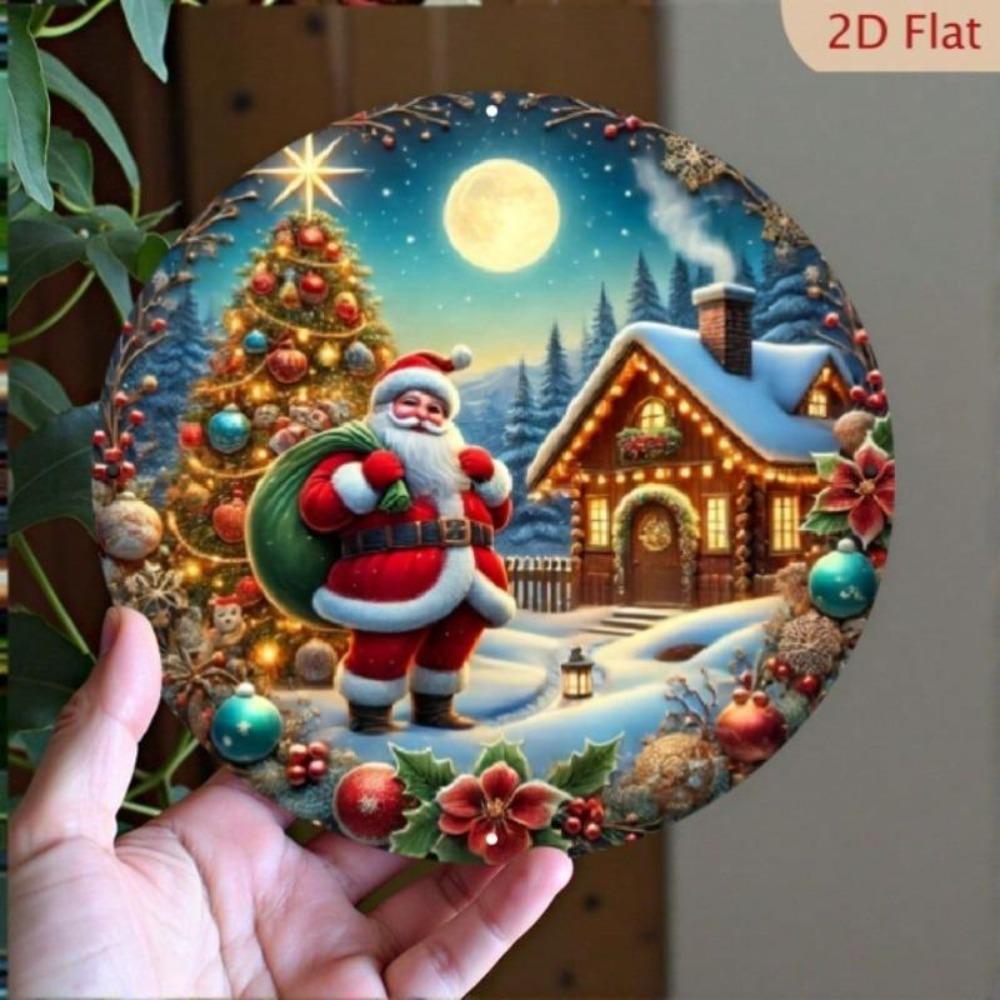 Holiday Metal Tin Sign with Santa Claus Snowy Cabin Scene for Christmas Decoration