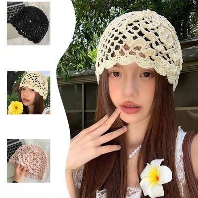 Spring and Summer Handmade Hook Up Knitted Head Hat for Women Thin Breathable Hollow Hat Fashionable Retro Niche Pullover Hat