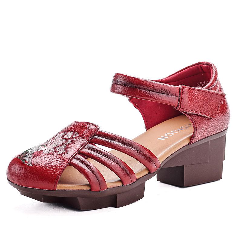 Fashion New mid heels sandals woman summer genuine leather shoes for women embroidered floral sandal retro heeled shoes hook loop pumps