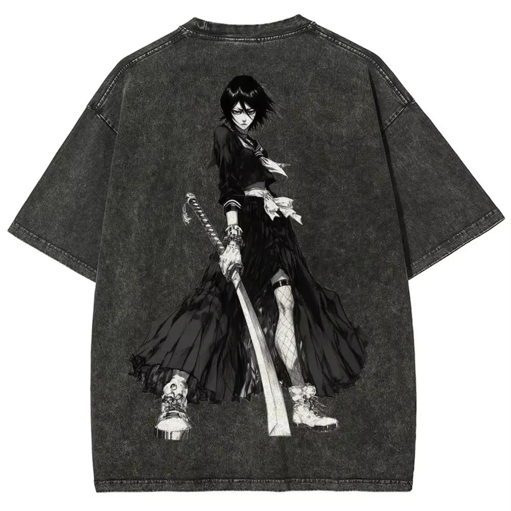 Letní Anime Bleach Vintage Prané Oversized Tričko 2026, Potisk Ichigo Kurosaki Streetwear Retro Černé Tričko Pro Muže Ženy
