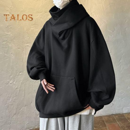 Fall Winter Men Hoodie Oversize Hooded Long Sleeves Pure Color Hip Hop High Collar Big Patch Pocket Elastic Cuff Mid Length Warm Top