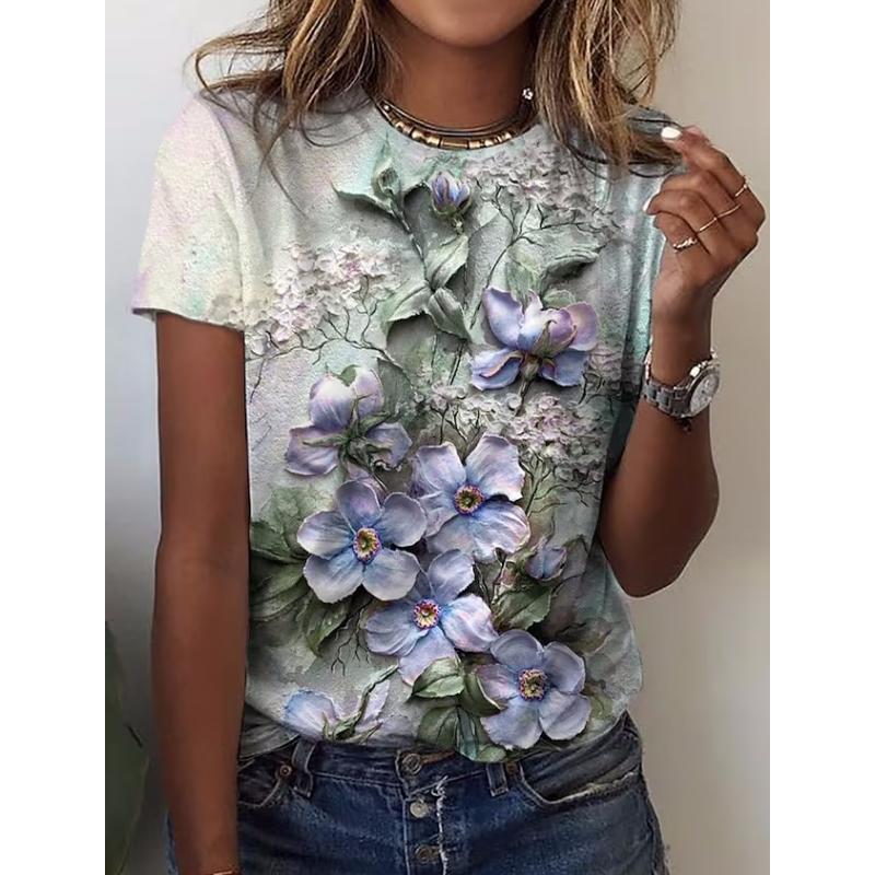 Women's T-shirt 3d Flower Graphic Tee Korean Fashion Short Sleeves O-neck Clothing Leisure Harajuku Shirt Summer Tops