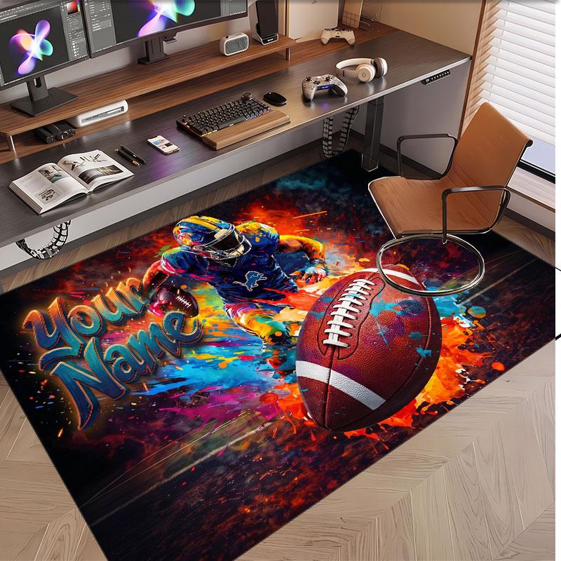 American Football Theme Soft Crystal Velvet Rug Custom Name & Text Print Non Slip Floor Rug for Bedroom Living Room