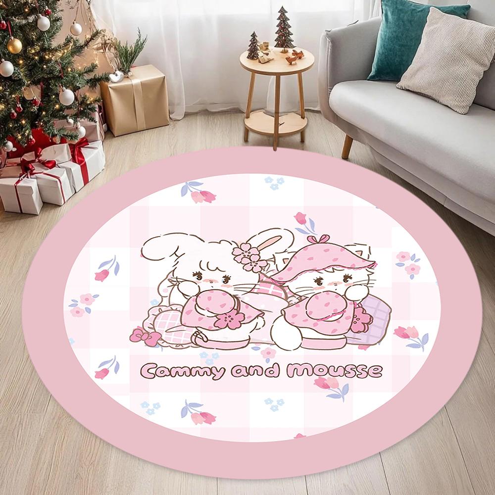 Round Pink Dot Cartoon Cat Carpet for Living Room Kids Bedroom Cute Cat Patterns Anti Slip Rug Children Room Decor