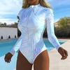 Women Long Sleeve One Piece Swimsuit Zip Front Seaside Scenery Print Rash Guard Surfing Bathing Suit