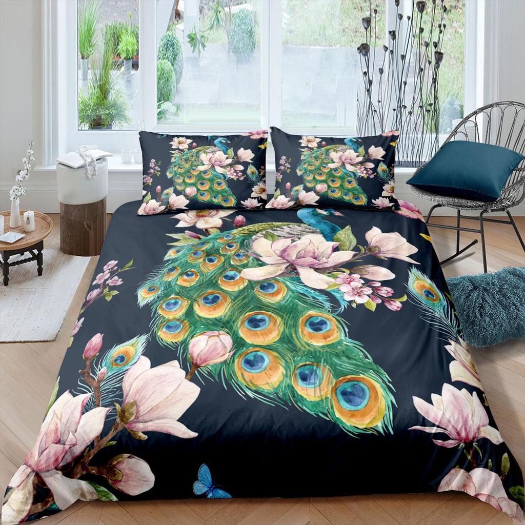3D Animal Series Bedding Set Peacock Feather Quilt Cover and Pillow Case 2/3 Pieces AU/DE/US Full Size Washable Home Decoration