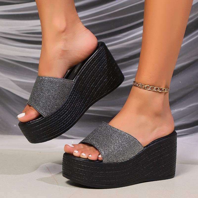 Women's Outerwear Slope Heel Slippers Women's Summer New Thick-bottomed Sequin Internet Celebrity Fashion Casual One-word Cool Slippers