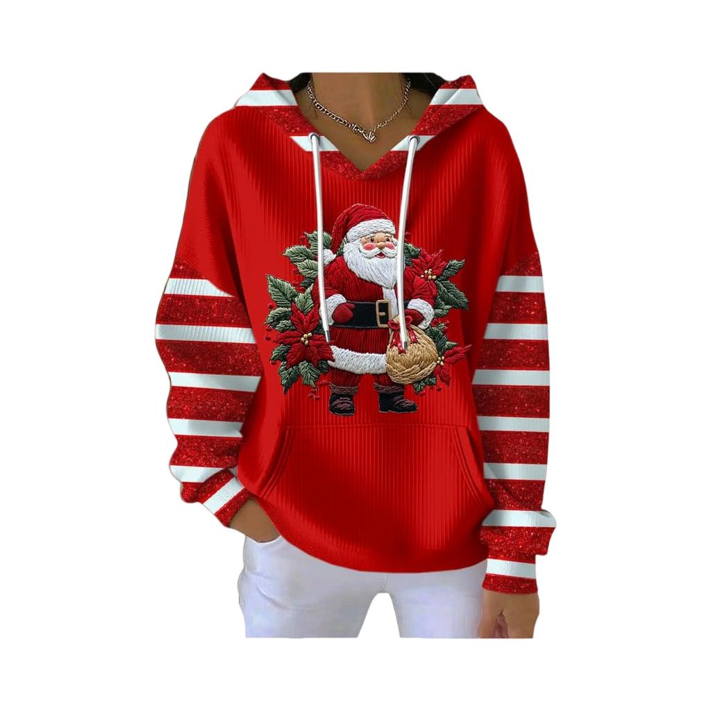 Women's Loose And Comfortable Drawstring V-neck Long Sleeved Christmas Print Hoodie