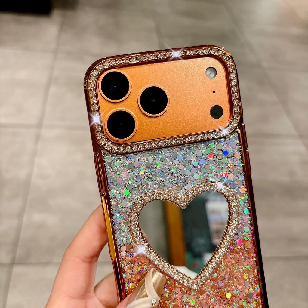 Glitter Epoxy Heart Mirror Rhinestone Case for iPhone 15/16/17 Pro Max