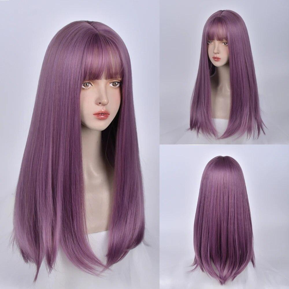 Perruque synthétique longue et lisse bleu foncé avec frange pour femme, coiffure de fête, cheveux blonds, roses et rouges