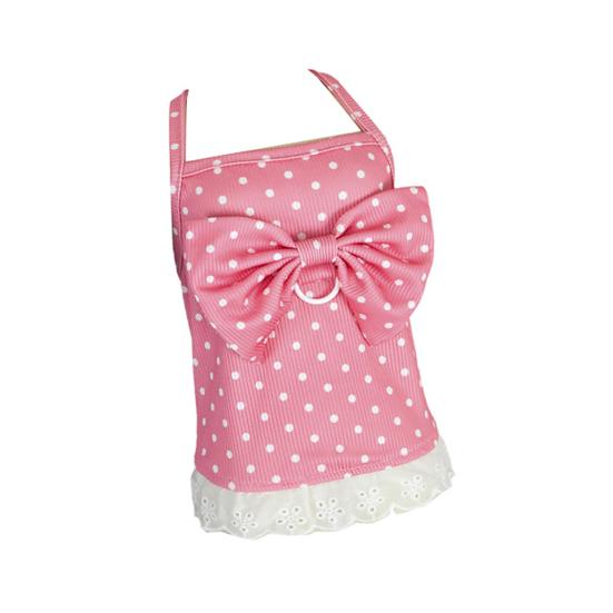 Cute Dot Print Dog Dress Lace Ruffle Trim Princess Dress with Large Bow Summer Sleeveless Pet Outfits with D Ring for Small Dogs Cats