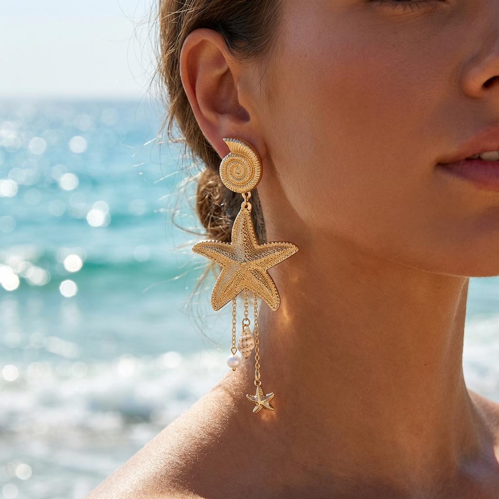 Exaggerated Large Metal Starfish Conch Drop Earrings for Women Ocean Style Long Tassel Piercing Earring Beach Party Jewelry
