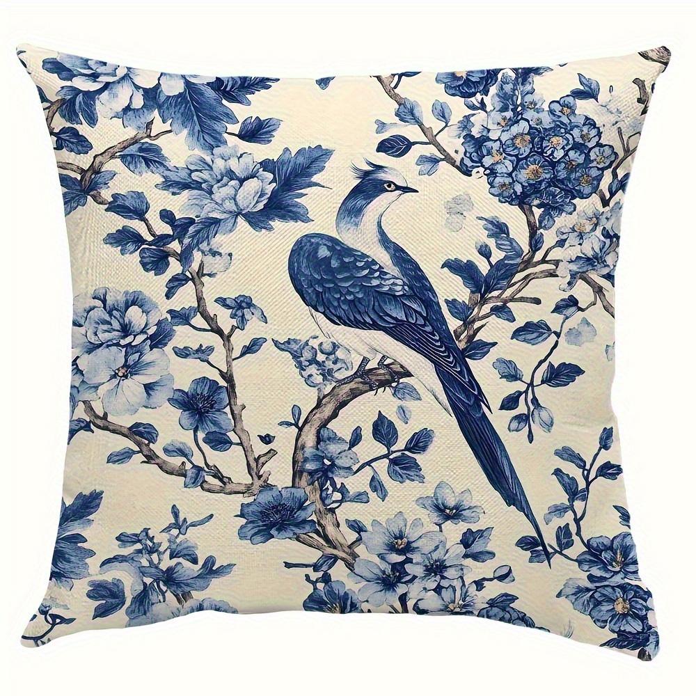 1/4pcs 2D Flat- Navy Blue Chinoiserie Peacock and Peony Floral Throw Pillow Cover Home Outdoor Decoration Cushion Cover