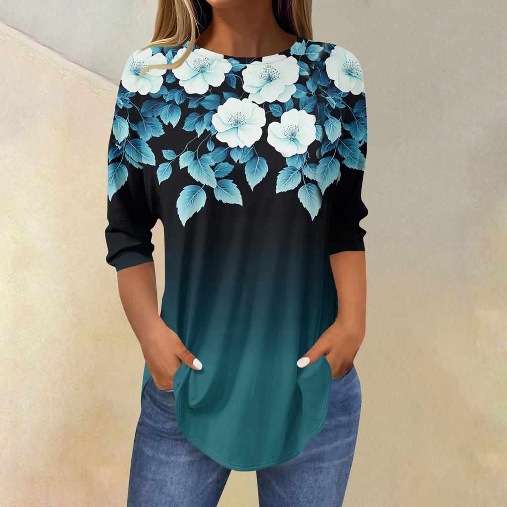 Womens T Shirts 3/4 Sleeve Shirts Color Pullover Summer Spring Tops Blouses