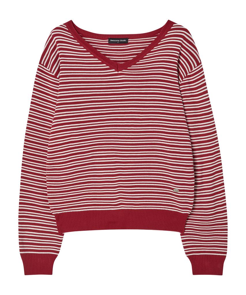 AWESOME STUDIO Classic (Stripe) V-Neck Knit Burgundy