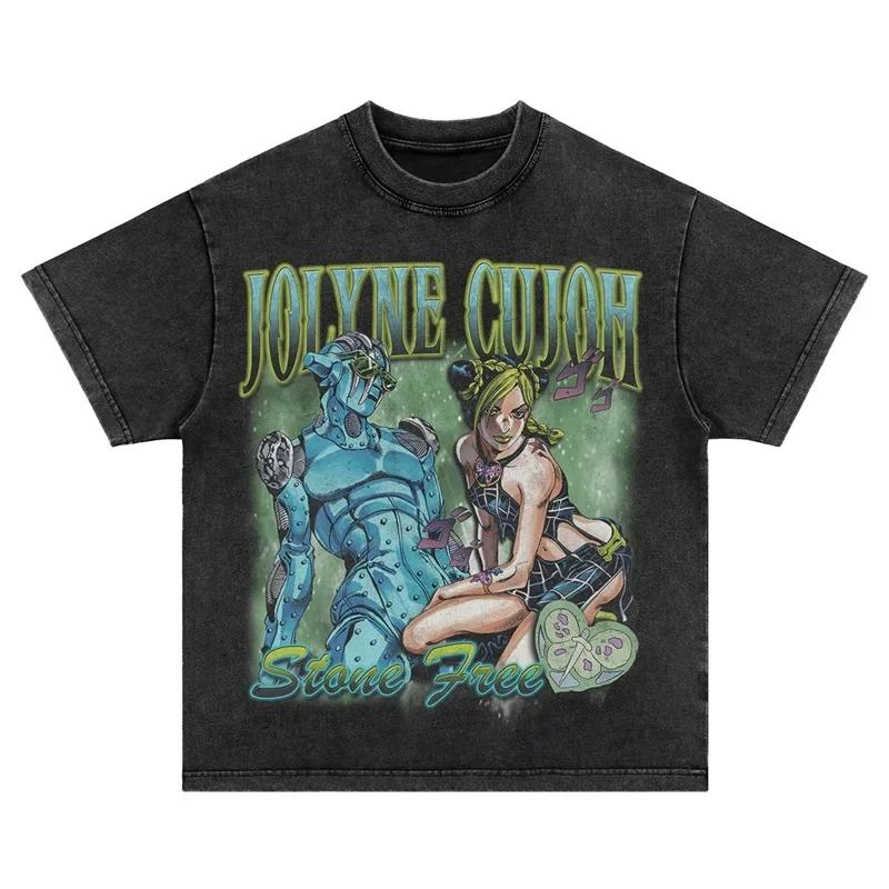 Anime JoJos Bizarre Adventure T Shirt Vintage Washed JOJO Sex Pistols Tshirts Oversized Retro Manga Guido Mista Tops Tees Men