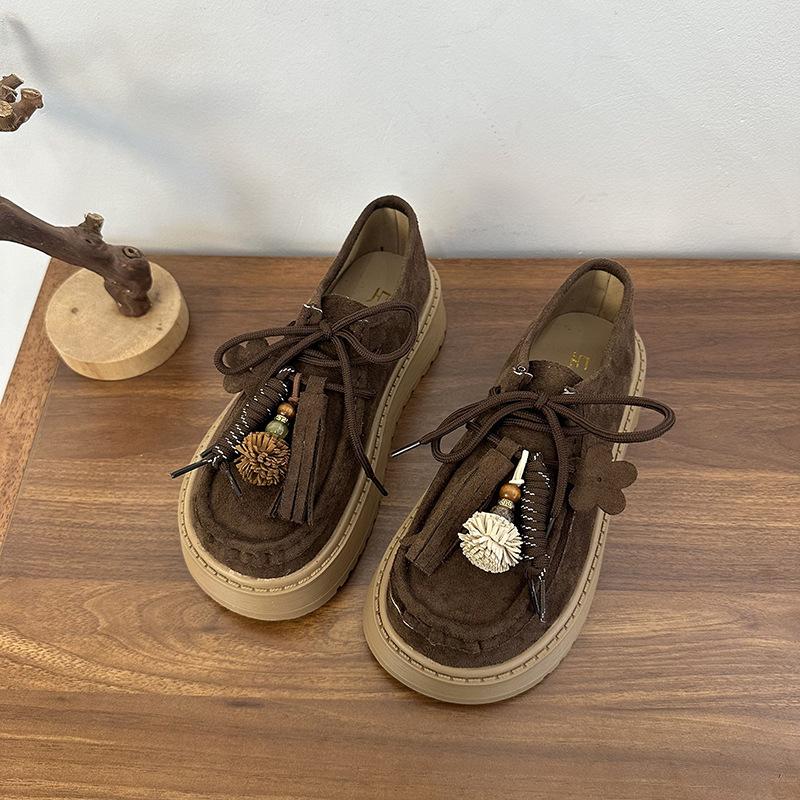 2025 Retro Round Head Lace-up Women's Shoes British Style Platform Versatile Small Fringed Loafers Women's Single Shoes Trend