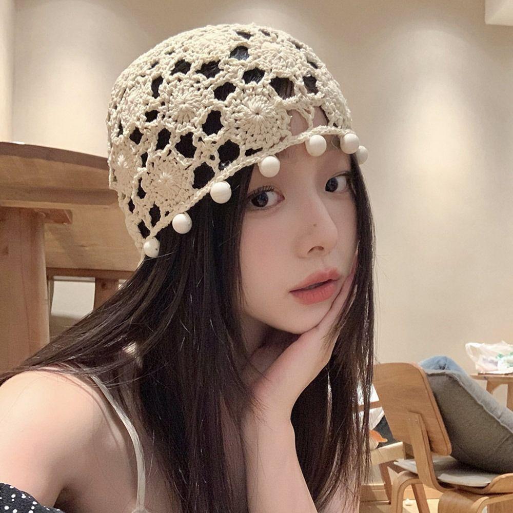 Hollowed Out Beret Cap Flowers Skullies Hat Breathable Knitted Hat for Women