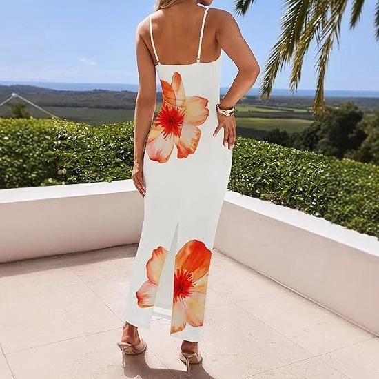 Damen Sommer Sexy Träger Ärmellos Blumenprint Eng Langes Kleid