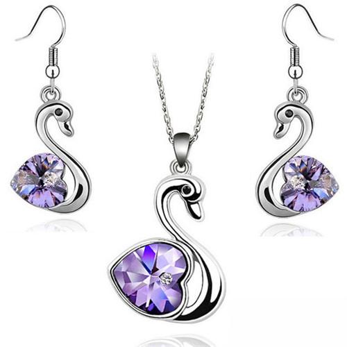 Crystal Swan Pendant Charm Lover Fashion Jewelry Set Birthday Gift Present Necklace Earring Quality Charm Girl Date