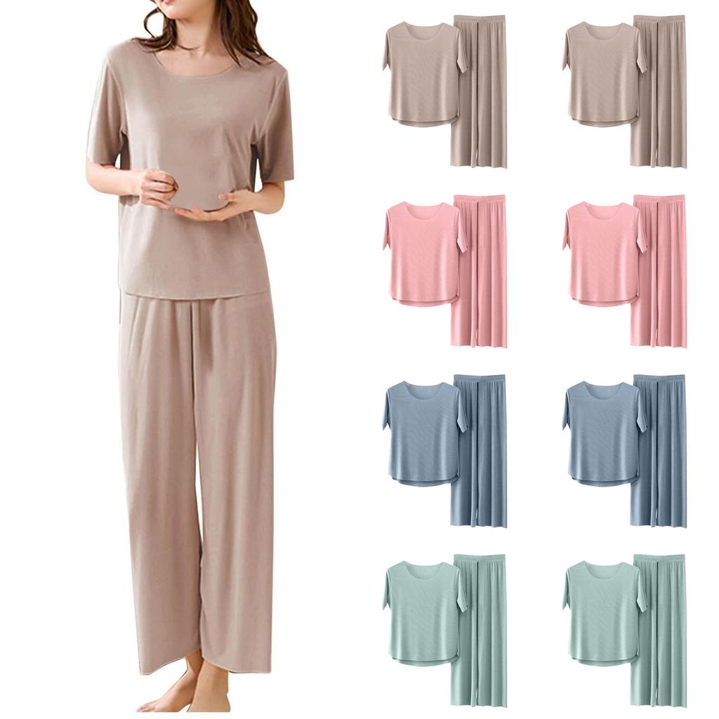 Women Casual Pajama Set Short Sleeve Top with Round Neck and Elastic Waist Nine Point Pants Two Piece Lounge Sleepwear Set