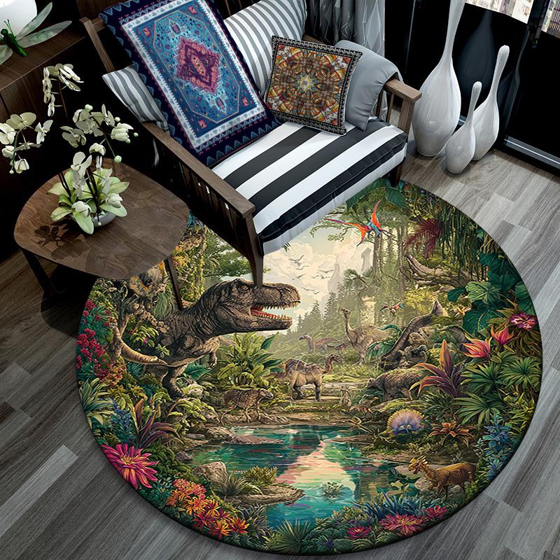Runder Teppich mit Dinosaurier-Motiv, Teppich für Wohnzimmer, Schlafzimmer, Sofa, Spielzimmer-Dekoration, Rutschfeste Bodenmatte