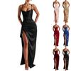 Women’s Satin Spaghetti Strap Maxi Dress with Ruched Bodice and High Slit Elegant Sleeveless Formal Gown for Special Occasions