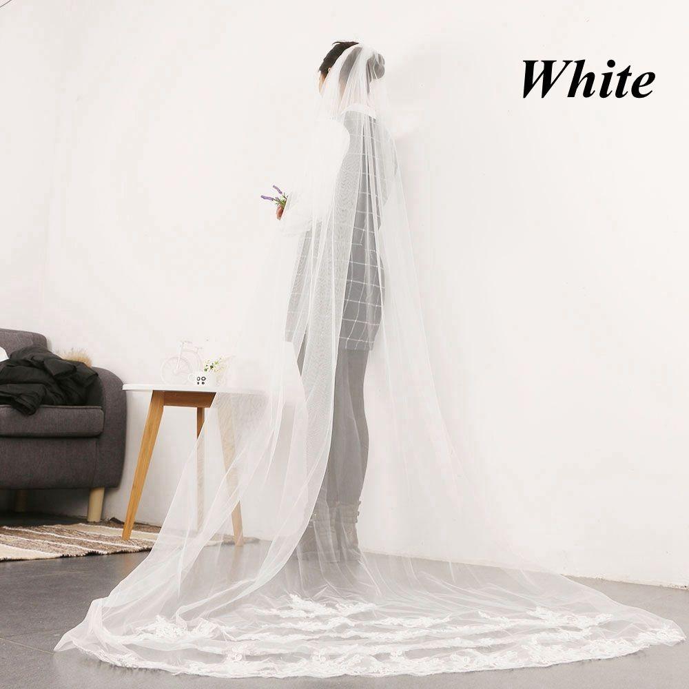 Fashion Fingertip White/Ivory Lace Bridal Wedding Veil with Comb Edge Applique Tulle