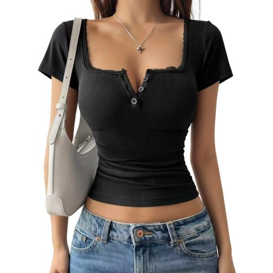 Women Tops Slim Fit Square Neck Rib Knitted Shirt Pure Color Short Sleeve Lace Splicing Stretchy Tops with Buttons Detail Daily