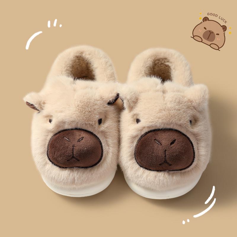 Capibara Women's Plush Cotton Slippers - Anti-Slip, Warm Indoor Footwear for Autumn/Winter