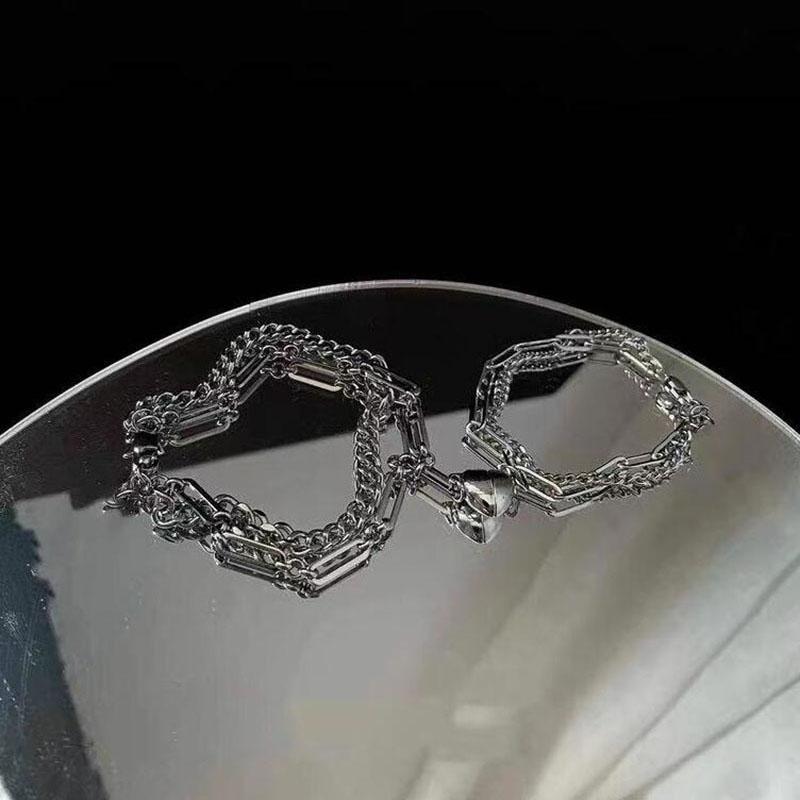 JWER 2Pcs Punk Magnet Couple Bracelet for Women Alloy Romantic Magnet Men Paired Jewelry Valentine's Day gift Silver Color