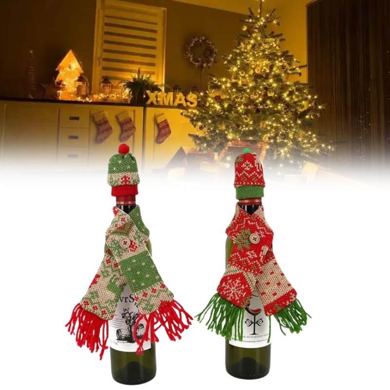 Christmas Wine Bottle Decor Set With Knitted Scarf And Hat For Holiday Celebration