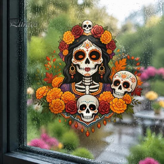 Festive Indoor Outdoor Window Art Day of The Dead Clings, Dia De Los Muertos Sticker, Colorful Decorative Film for Parties Sugar Skull with