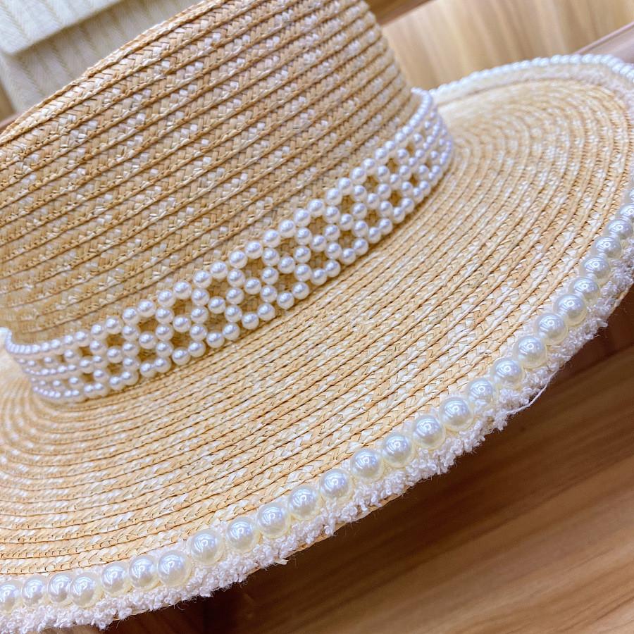 202504-nu ins chic summer natural straw customized tweed pearl ribbon holiday lady sun cap women leisure panama jazz hat