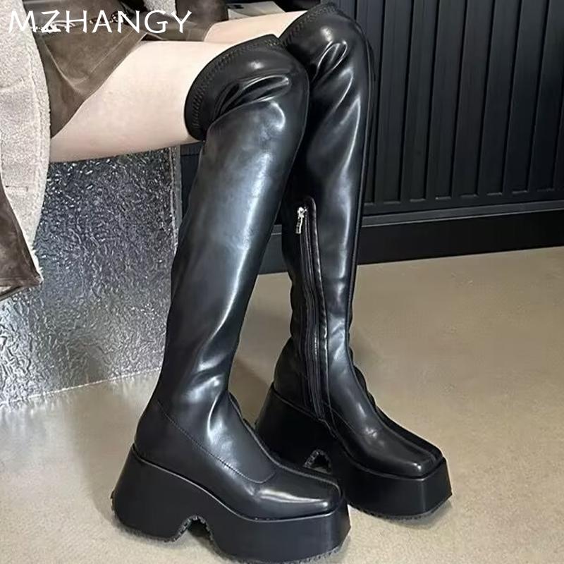 Fashion Platform Women High Boots Leather Fashion Sexy High Heels Sheos Woman 2025 Trend Winter Motorcycle Boots New Chelsea Boots Mujer