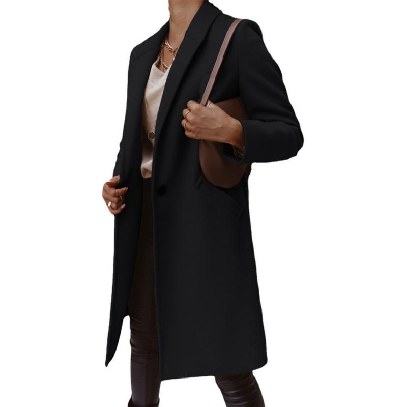 Autumn Winter Mid-length Solid Color Women Outerwear Lapel Woolen Coat