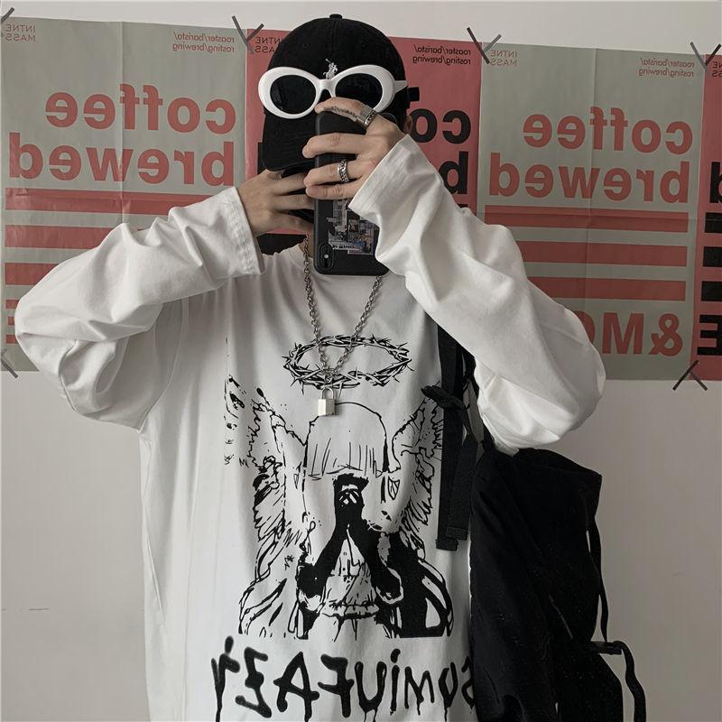 Harajuku Gothic Angle Print T-shirt Women's Streetwear Long Sleeve Black Tops Alt Clothes Pastel Mall Goth Trendy