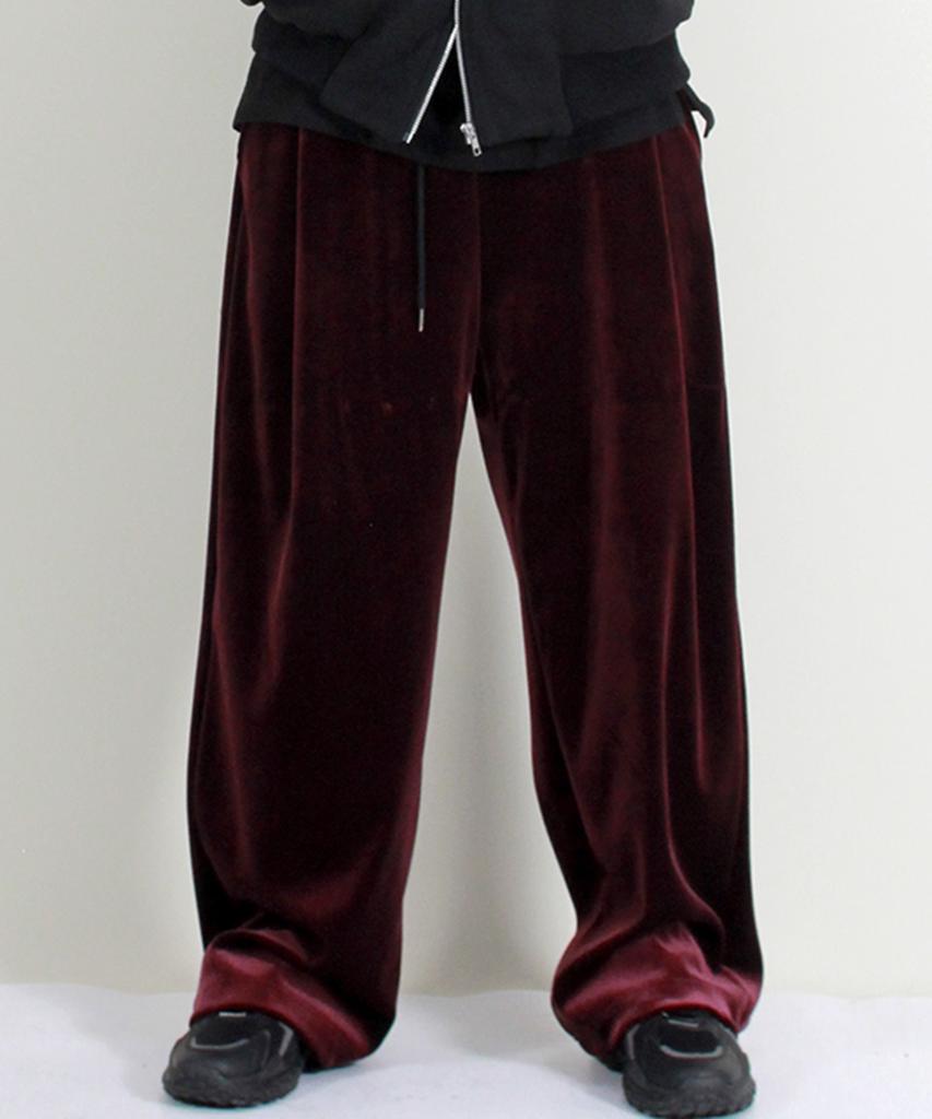 Deumakeu Velvet Laminated Single-Pleat Real Wide Pants Burgundy