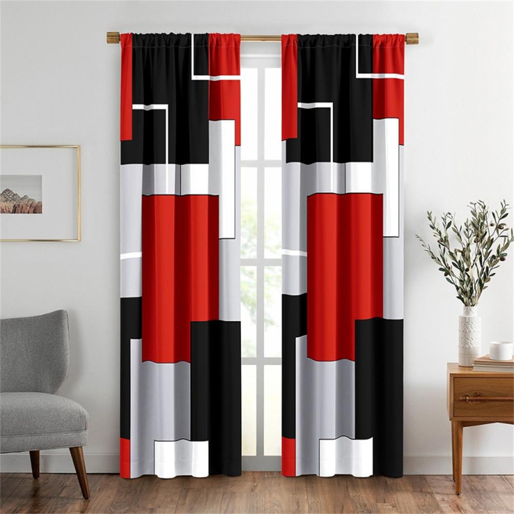 2 Stück Abstrakt geometrische Kunst rot schwarz und grau Modernes Design Lichtfilternde Vorhänge für Wohnzimmer Schlafzimmer Fenster Deko