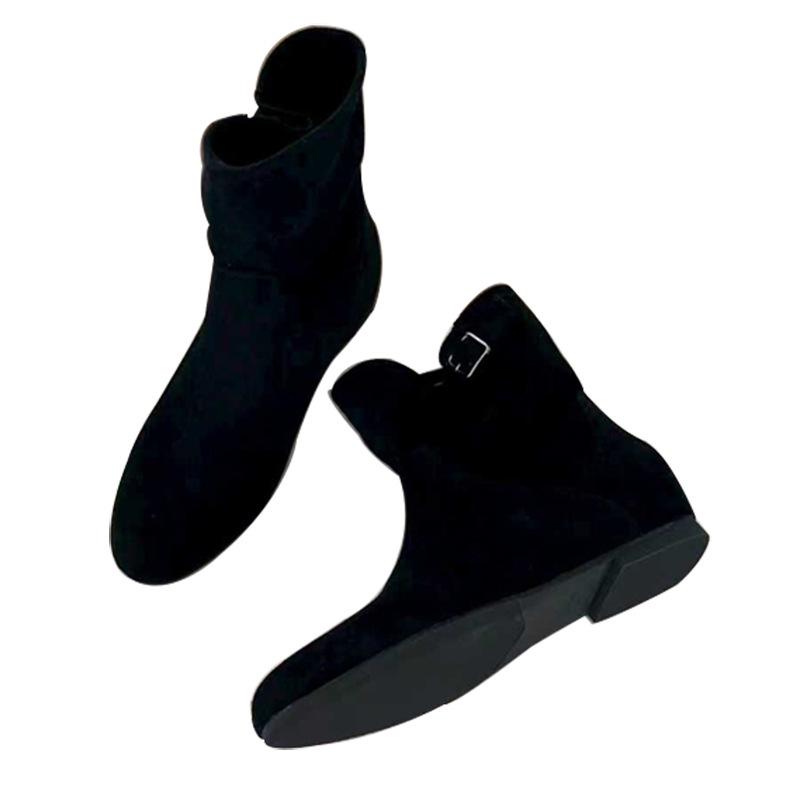 2025 Autumn/Winter Korean Style Suede Ankle Boots with Hidden Heel & Buckle - Women's Medium Heel Slip-on Chelsea Boots
