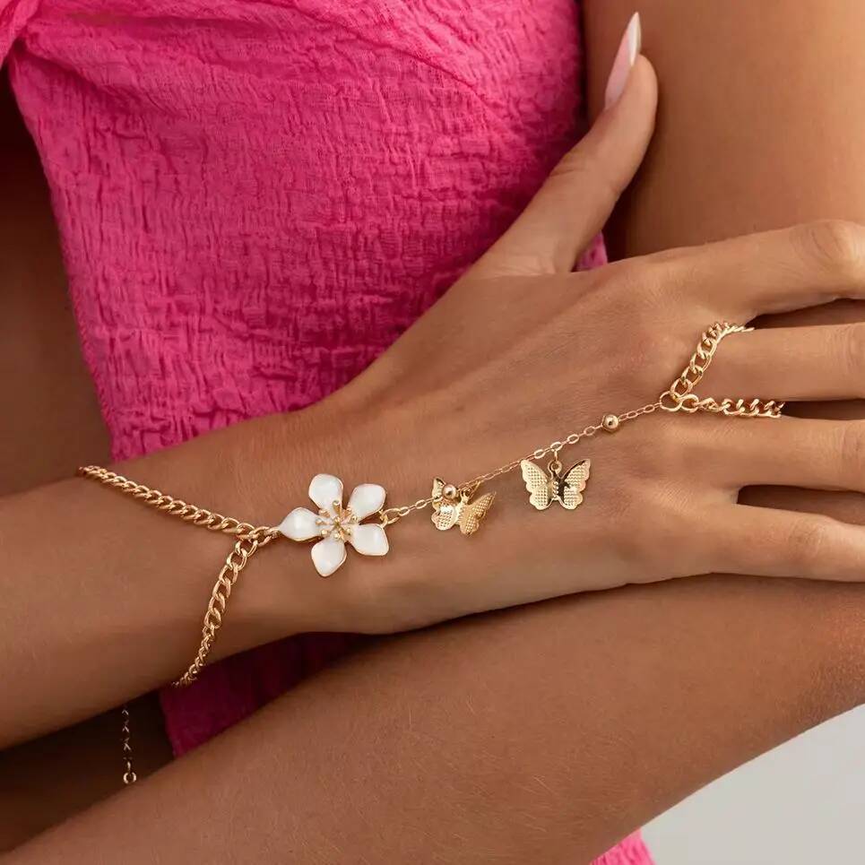 SHIXIN Exquisite Sweet Butterfly Tassel Flower Finger Bracelet Women Vintage Charm Drip Oil Floral Ring Bangle Jewelry Gift 2026