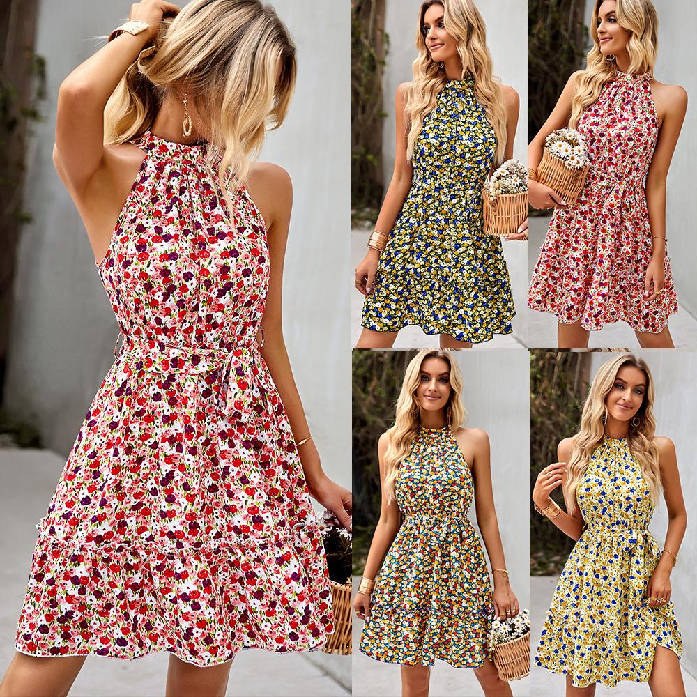 Sleeveless Waist-hugging Dress Summer Print Skirt