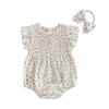 Baby Girl Summer Outfits Floral Print Smocked Crew Neck Flying Sleeve Romper and Bow Headband 2 Pcs Set