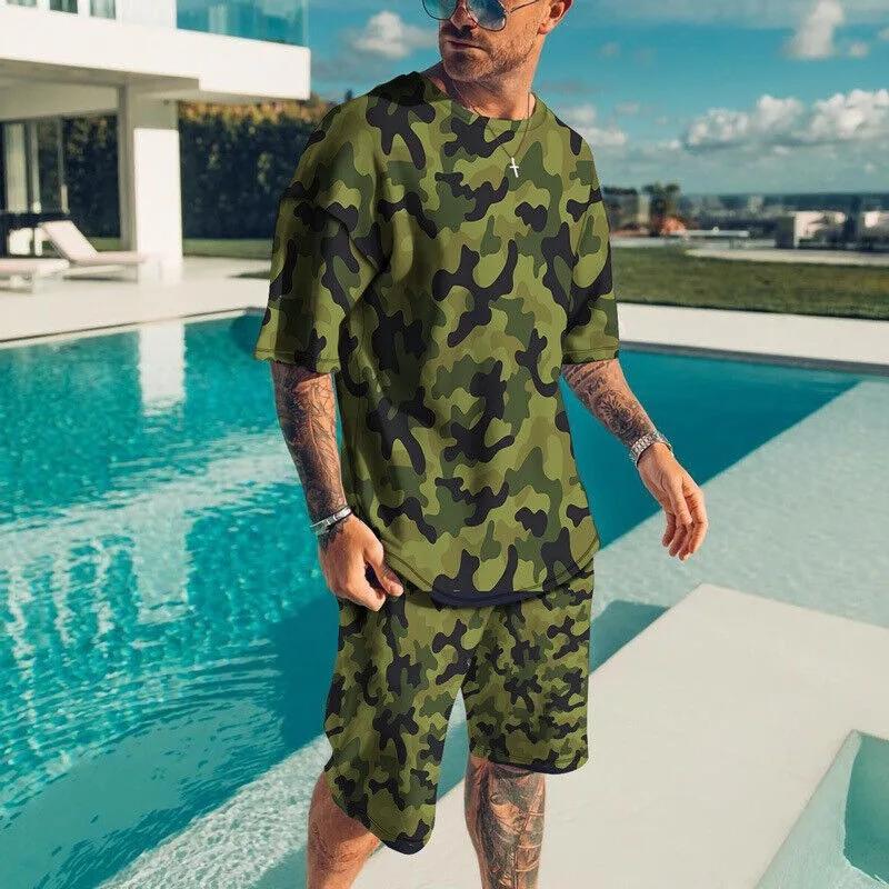 Neuer Sommer 3D geometrischer Musterdruck tägliche Wander-Sportbekleidung Herrenanzug kurzärmeliges T-Shirt + Streetshorts zweiteiliges Set