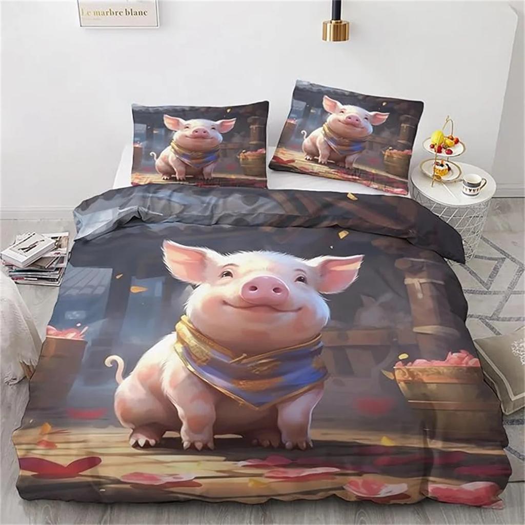Set Copripiumino Singolo Animali della Fattoria Maiale, Morbido Set Biancheria da Letto in Microfibra, Copripiumino Reversibile e 1 Federa 75*50cm con Cerniera